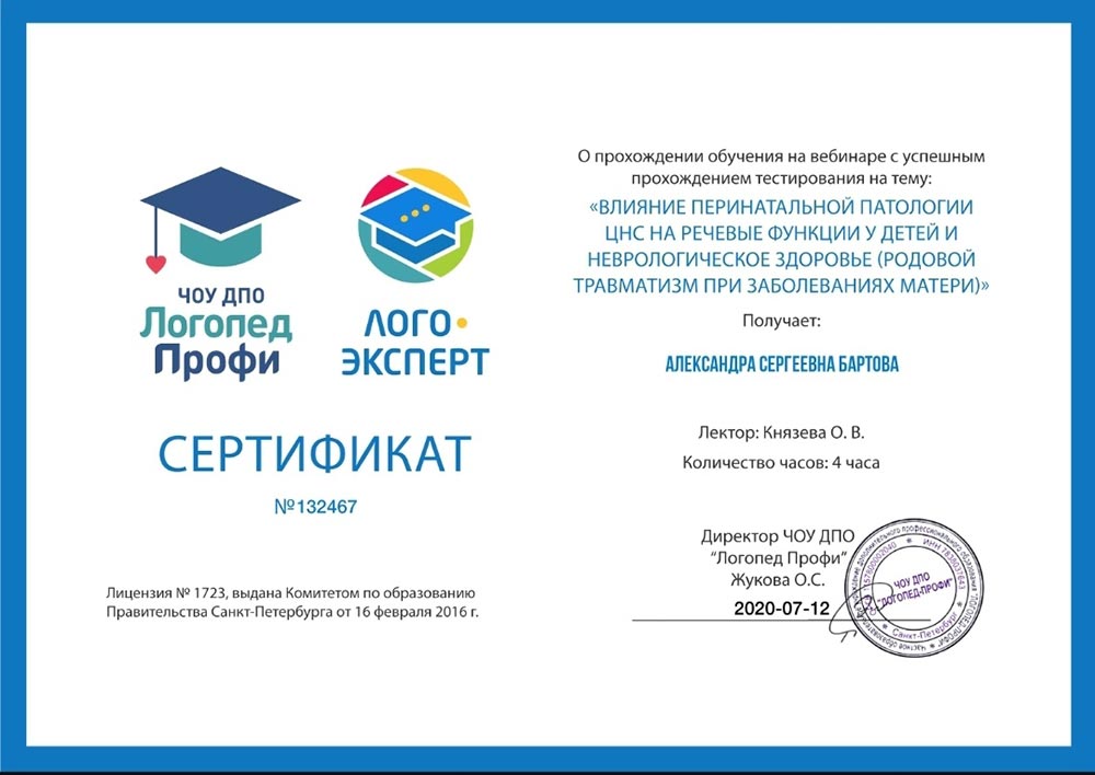 2020 год, ЧОУ ДПО «Логопед Профи»: «Влияние перинатальной патологии ЦНС на речевые функции у детей и неврологическое здоровье (родовой травматизм при заболеваниях матери)»