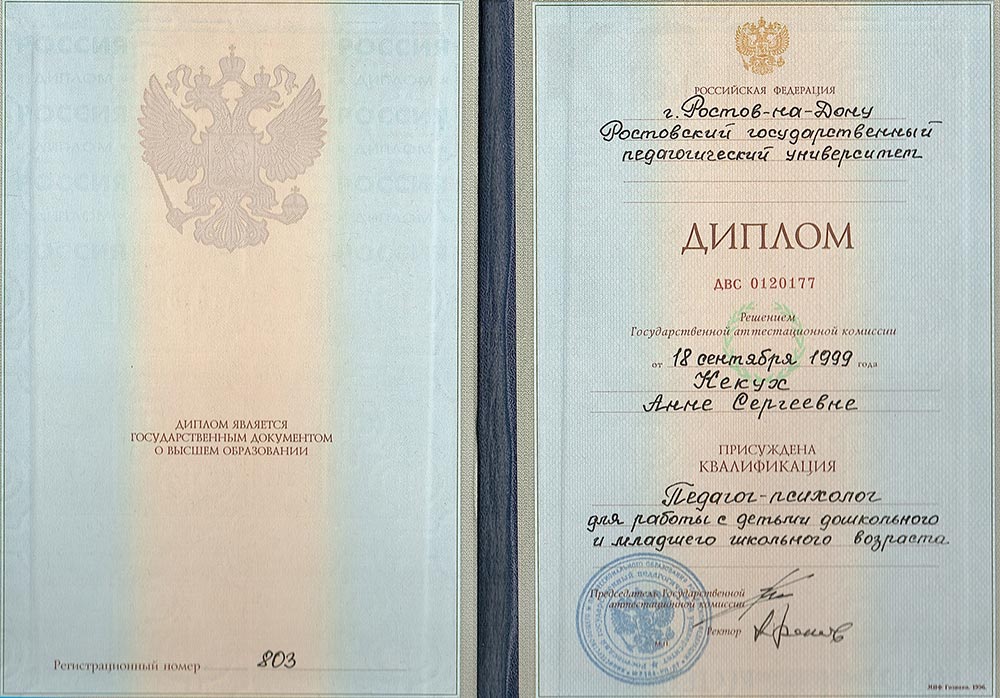 Ростовский государственный педагогический университет, специальность «Педагог-психолог для работы с детьми дошкольного и младшего школьного возраста».