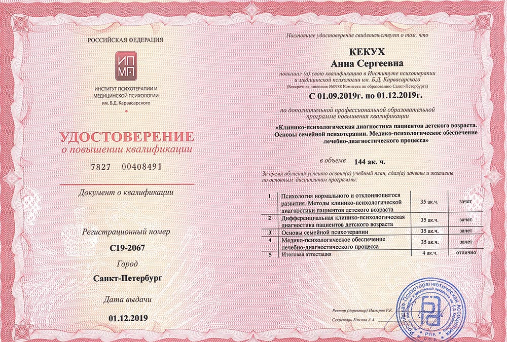 2019 год, «Институт психиатрии и медицинской психологии им. Б.Д. Карвасарского»: «Клинико-психологическая диагностика пациентов детского возраста. Основы семейной психотерапии. Медико-психологическое обеспечение лечебно-диагностического процесса»