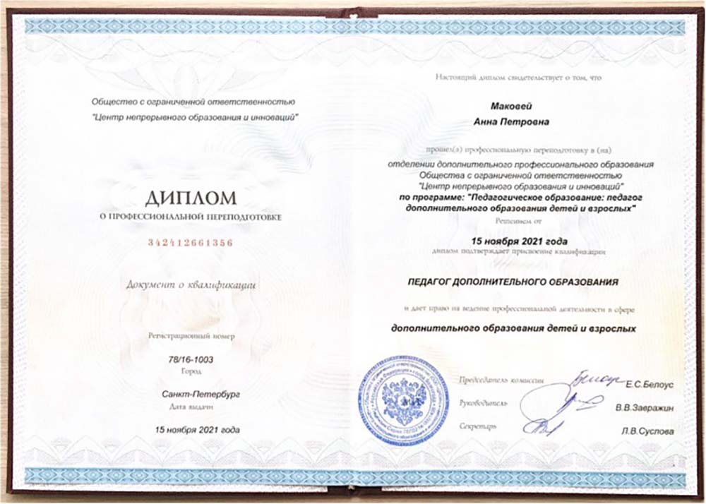 2021 год, ООО «Центр непрерывного образования и инноваций»: «Педагог дополнительного образования детей и взрослых».